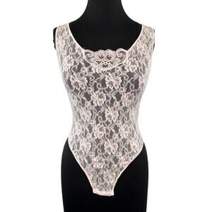 VINTAGE Bari Off White Bodysuit Floral Lace Sheer Scoop Neck Size Large L VTG